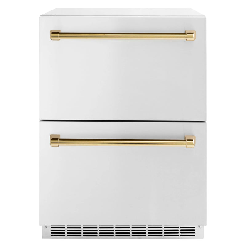 ZLINE Autograph Edition 24-Inch Touchstone 168 Can Outdoor-Rated Dual Refrigerator Drawer with Stainless Steel Doors and Polished Gold Handles (RDSOZ-ST-24-G)