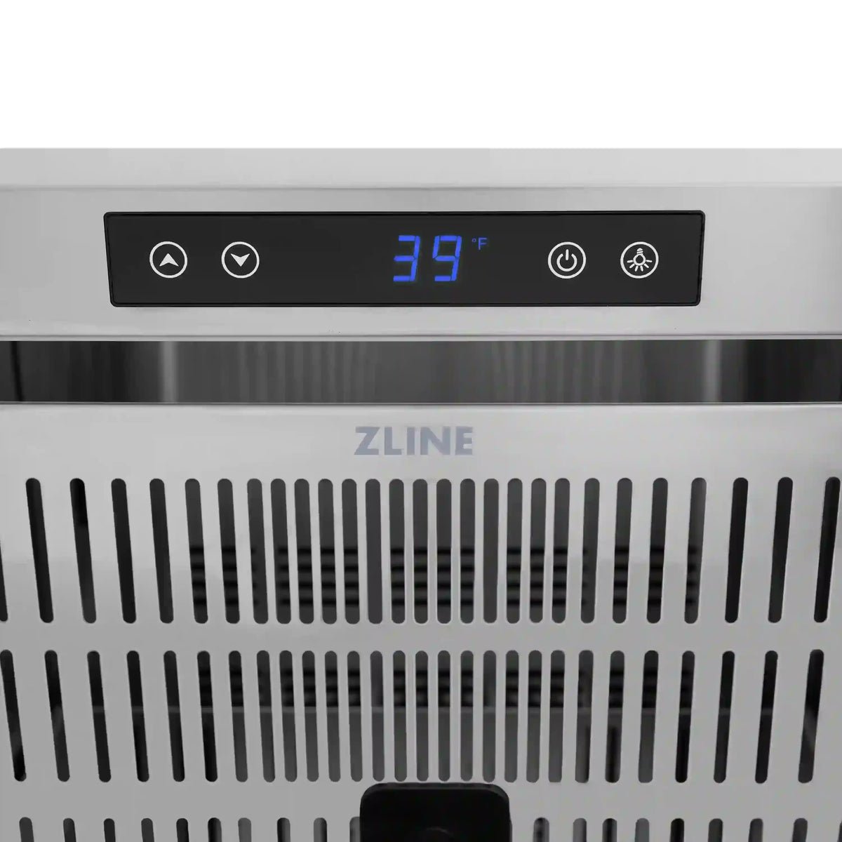Black control panel with blue digital temperature reading on refrigerator drawer