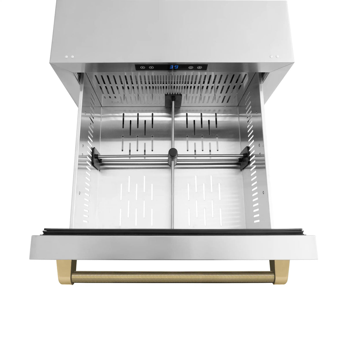 Inside view of stainless steel refrigerator drawer with slide-out tray and bronze bar handle.
