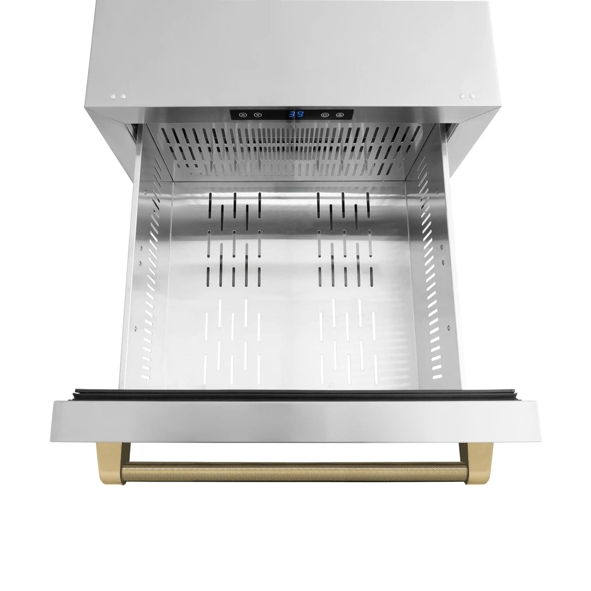 Open stainless steel refrigerator drawer interior with slide-out tray and bronze bar handle.