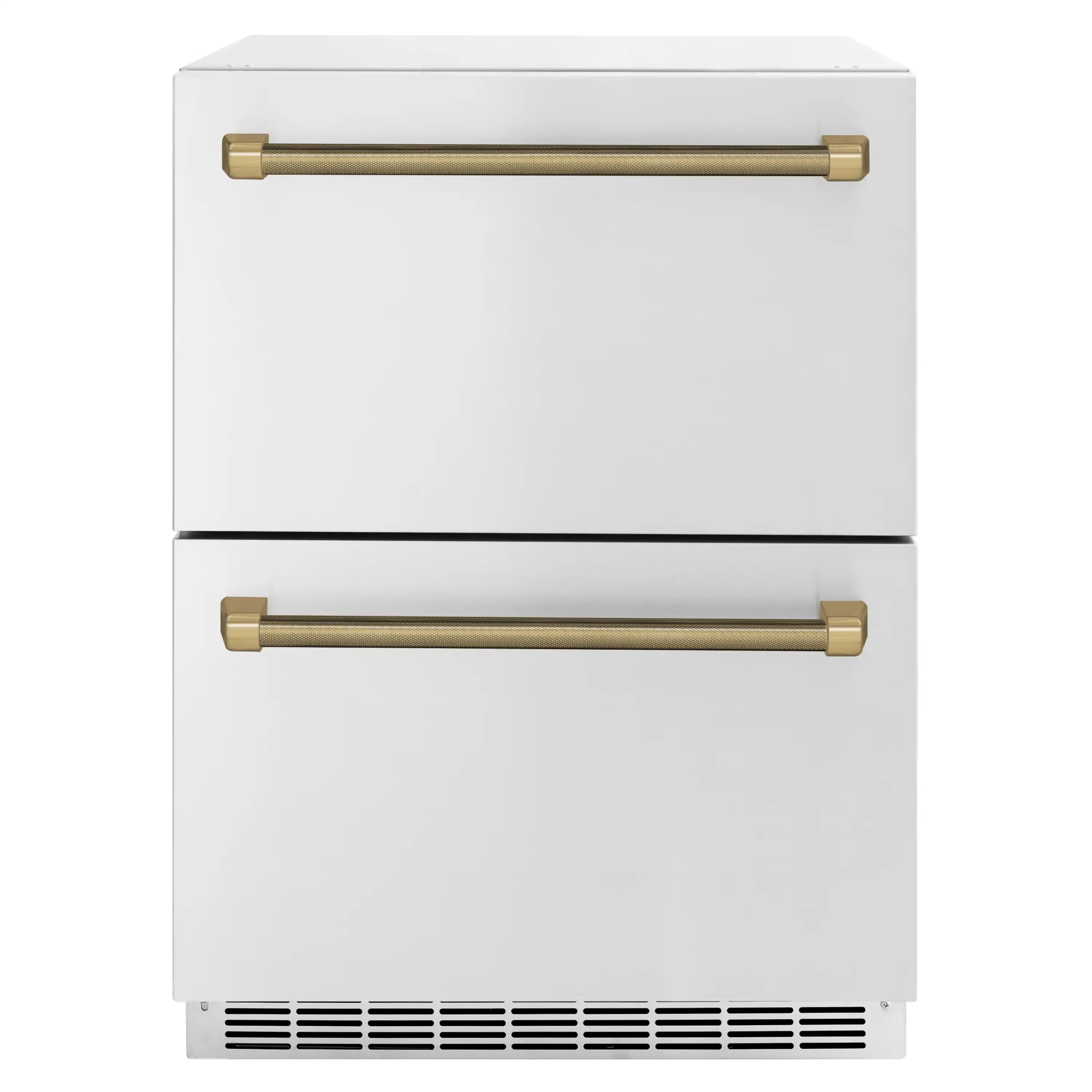 White refrigerator drawer with two steel doors and bronze bar handles, front vent grille