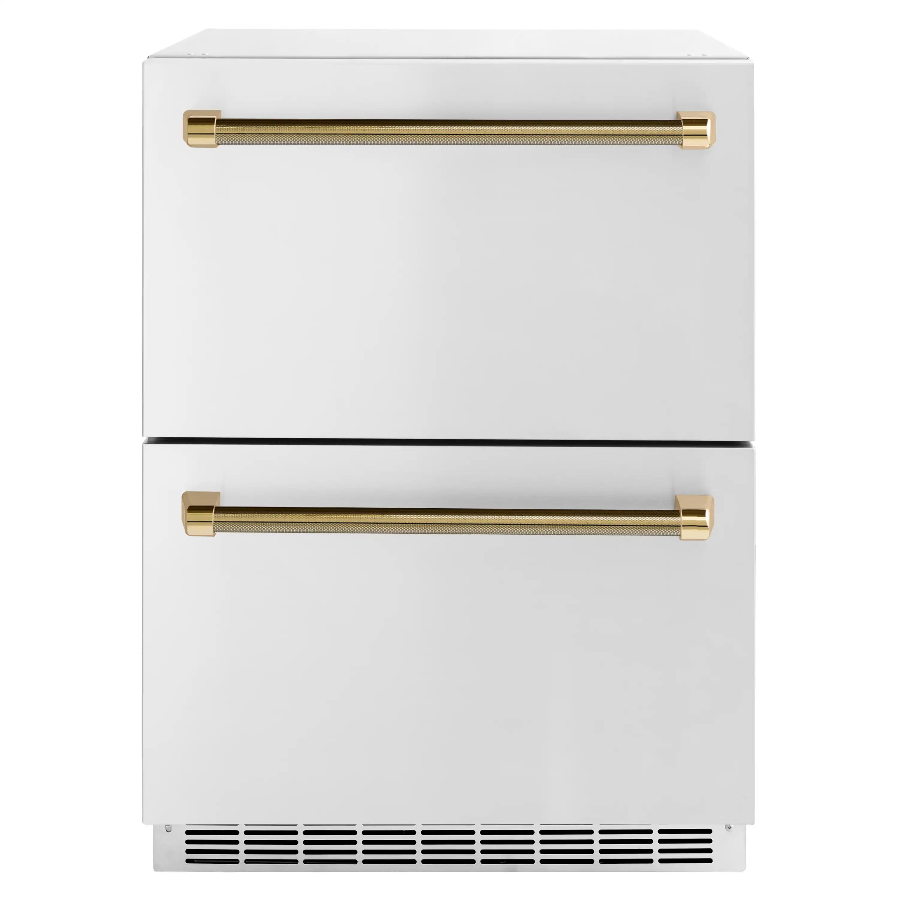 Double-door refrigerator drawer with gold bar handles and vented bottom grille
