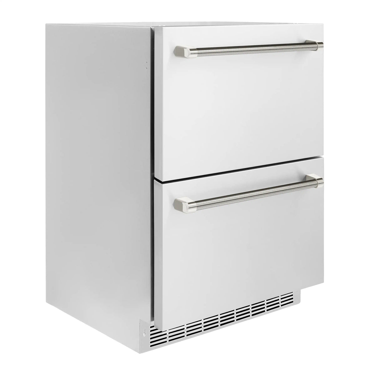 White refrigerator drawer with side vent and two chrome horizontal handles