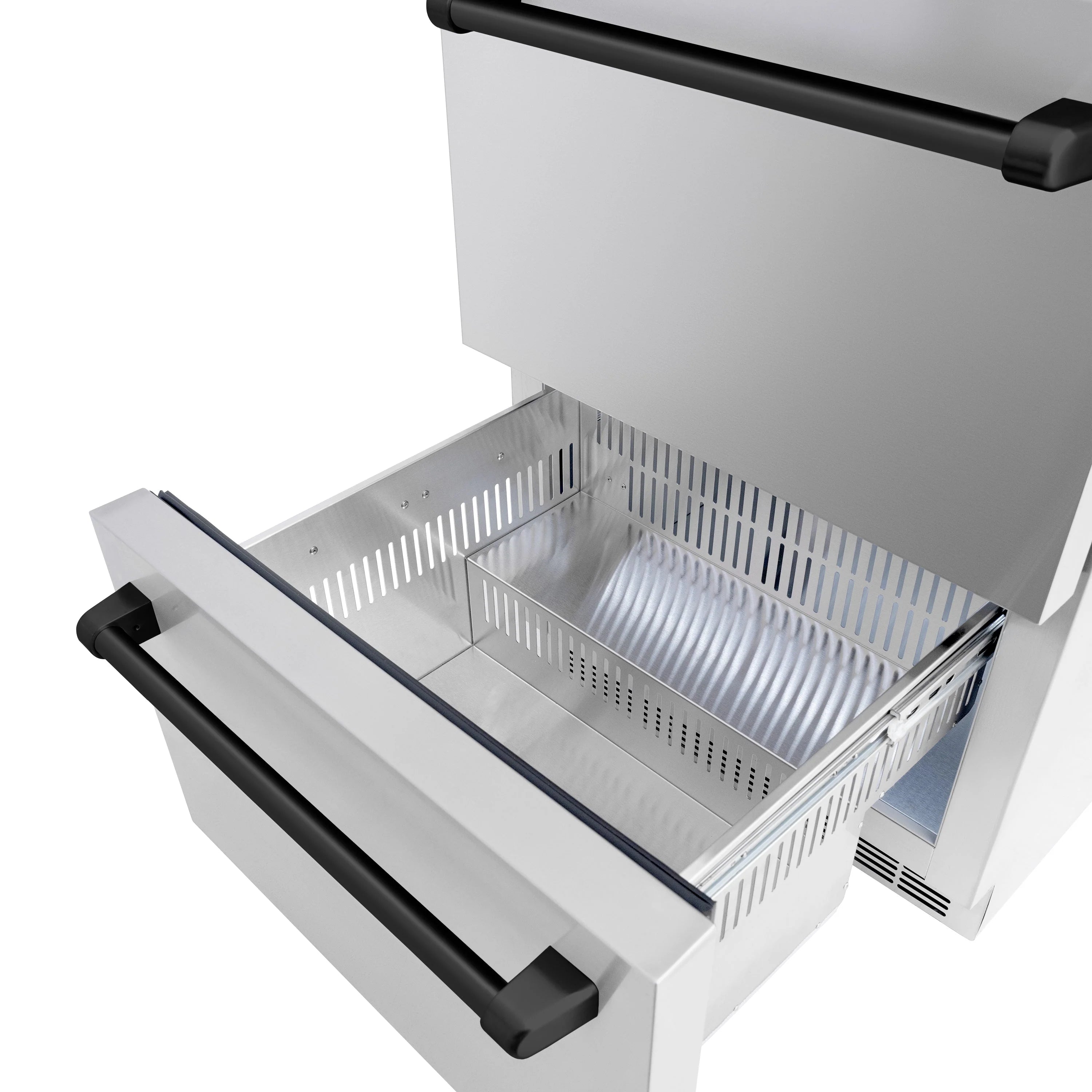 Open refrigerator drawer with wire basket and stainless interior vents