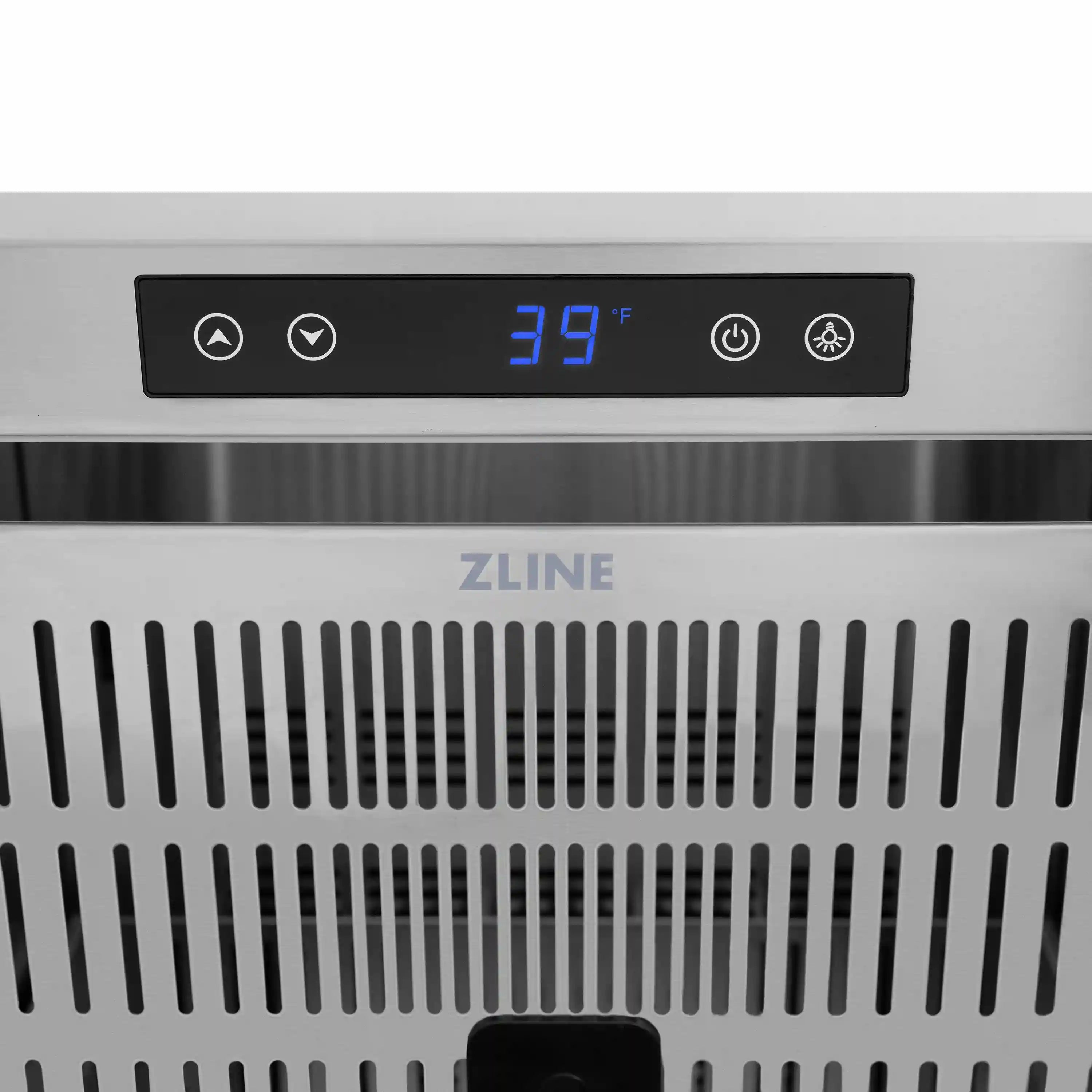 Outdoor dual refrigerator drawer control panel with blue digital 39°F display and buttons