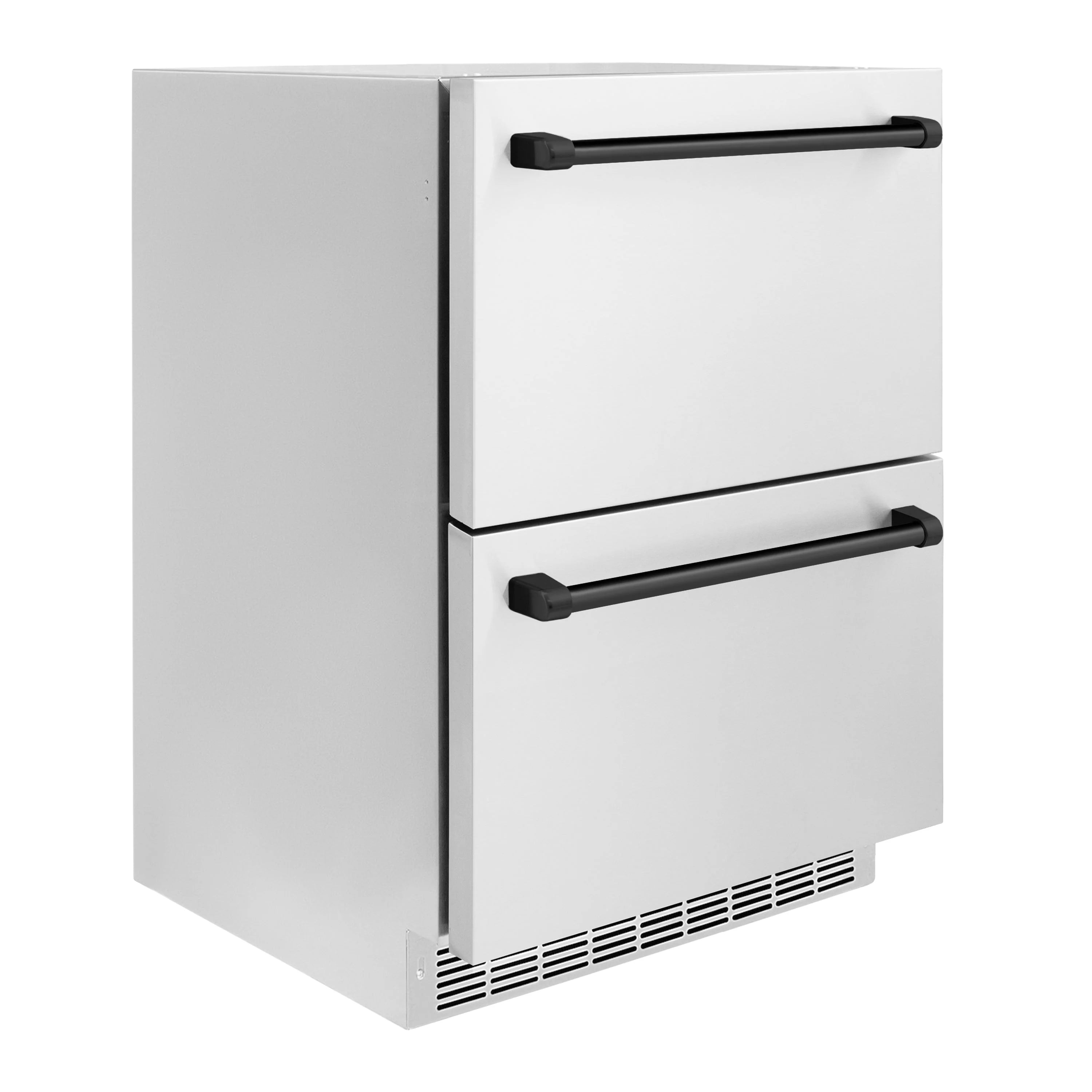 Stainless refrigerator drawer with two matte black handles and vented base