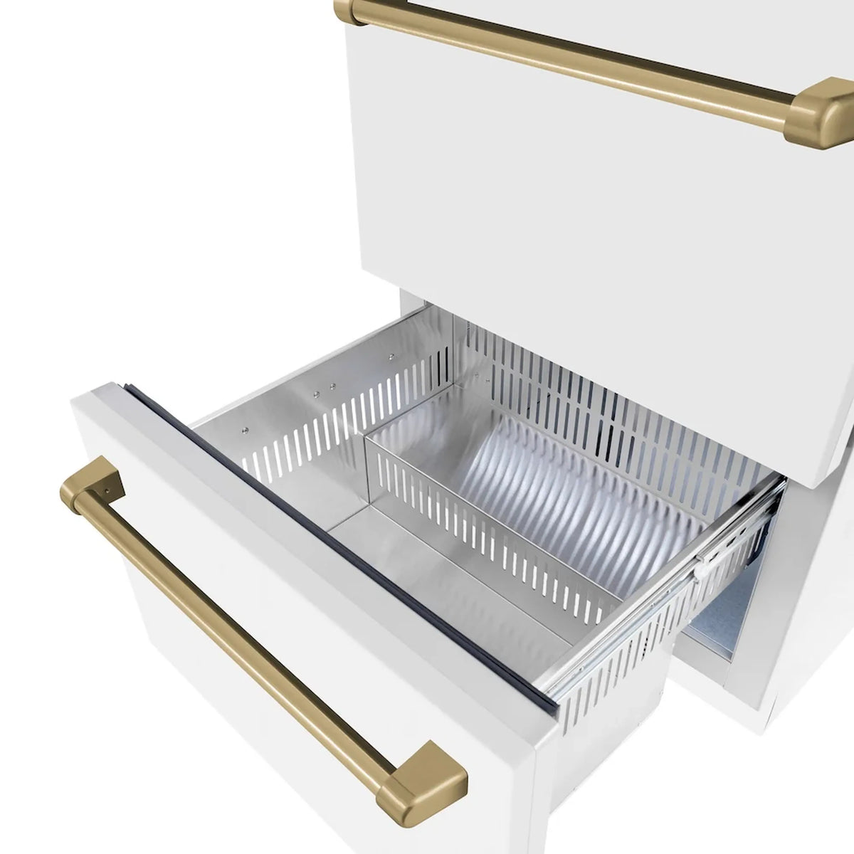 Open drawer interior with stainless bin and champagne bronze handle on white matte body