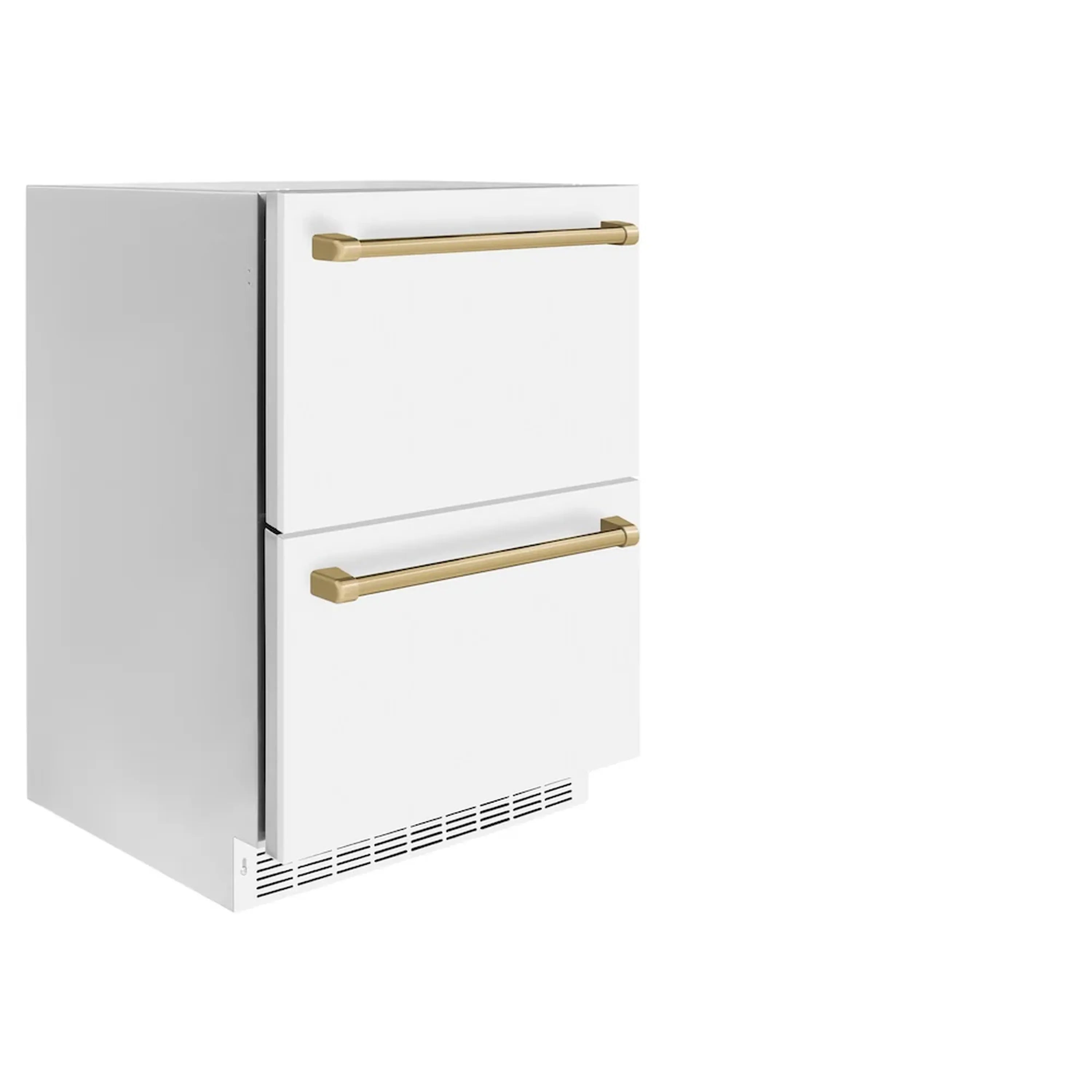 White matte refrigerator drawer side view with two champagne bronze bar handles