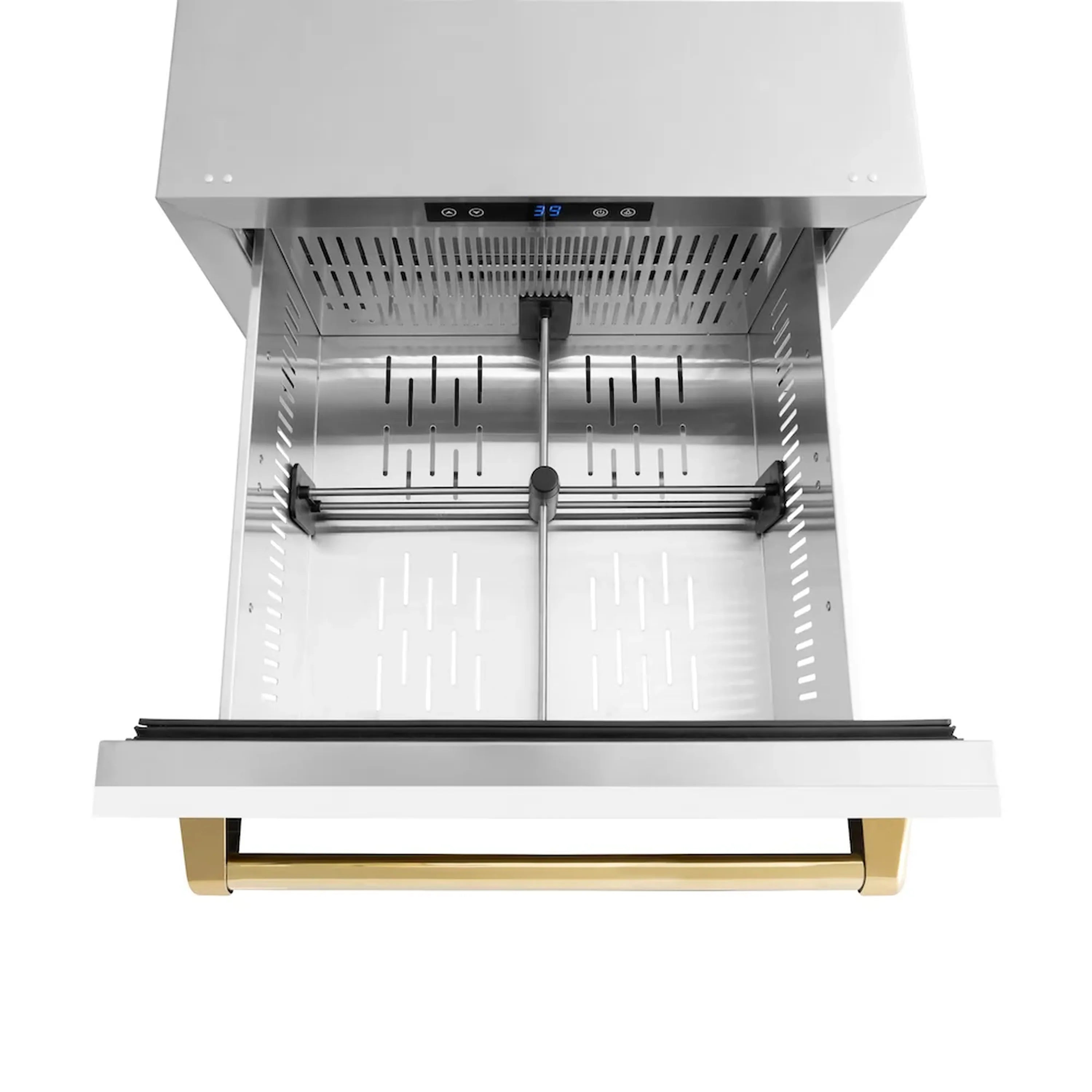 Open white refrigerator drawer with metal interior rails and central divider support