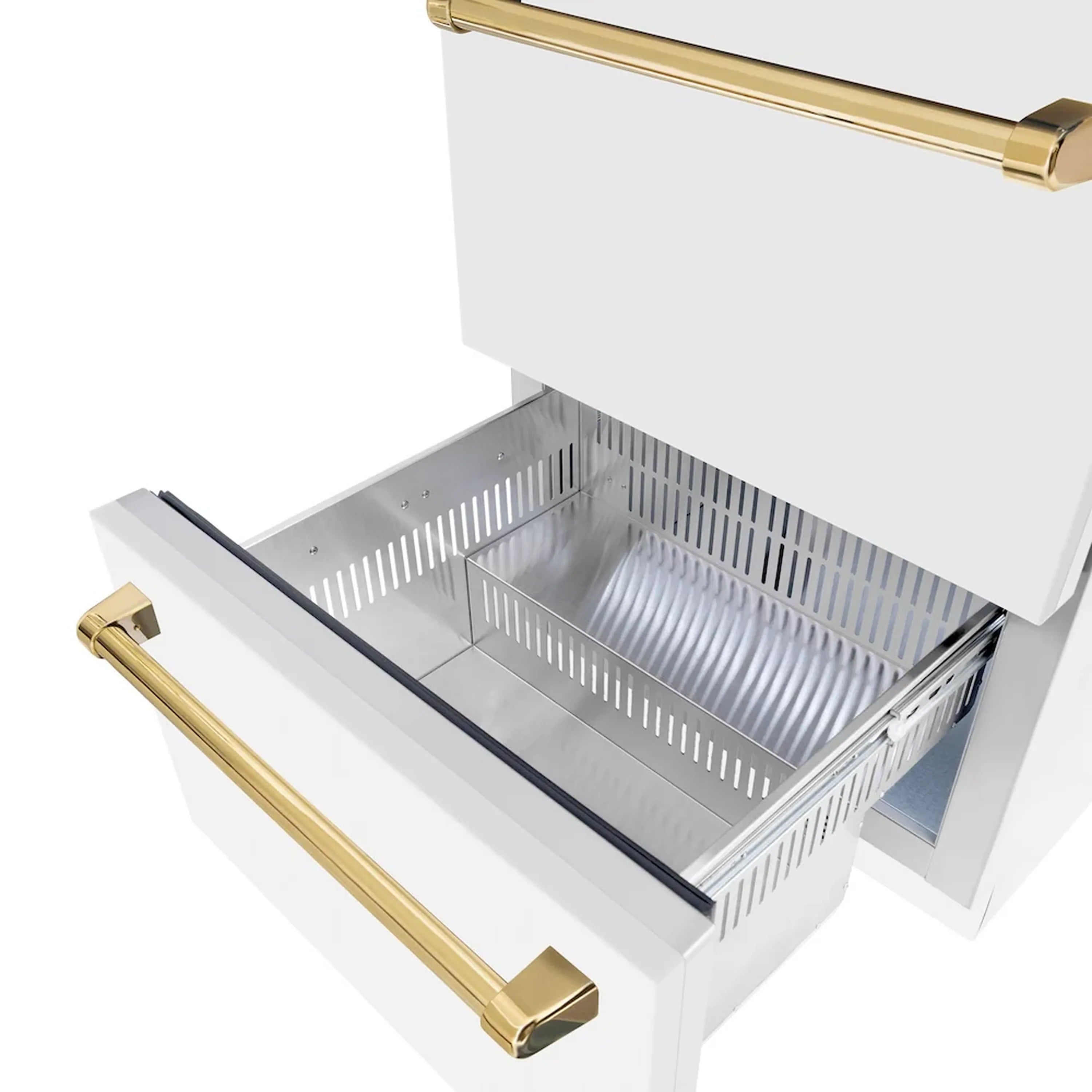 Open white refrigerator drawer bin with clear metal tray and gold bar handles