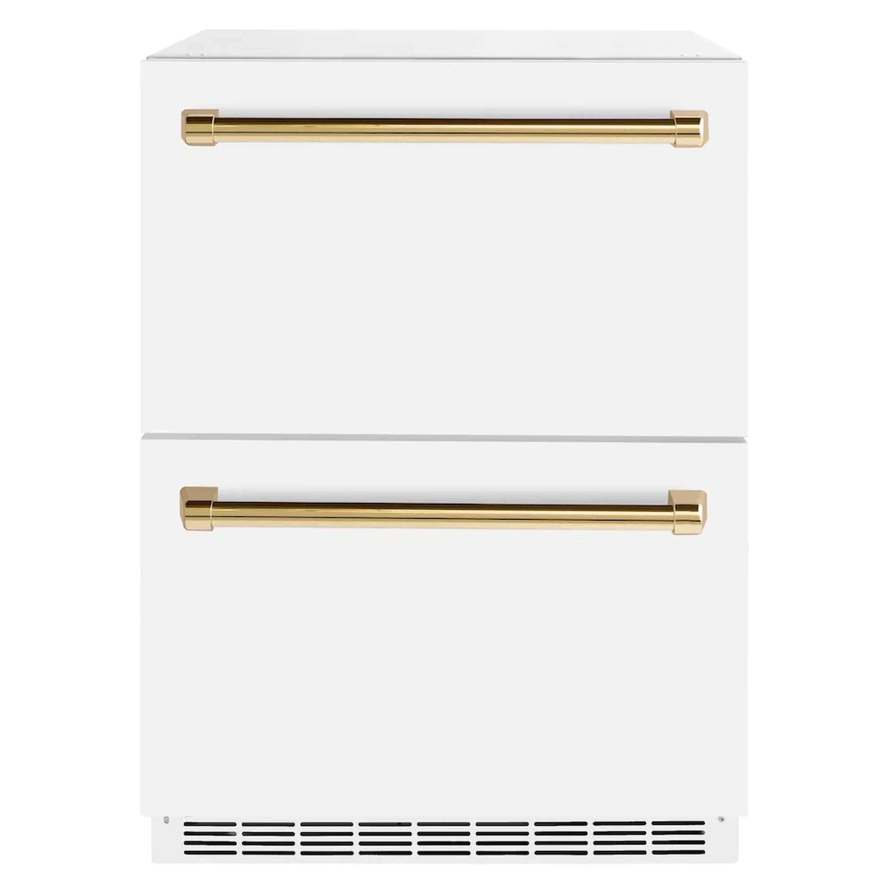 White matte refrigerator drawer with two gold bar handles and lower vent grille