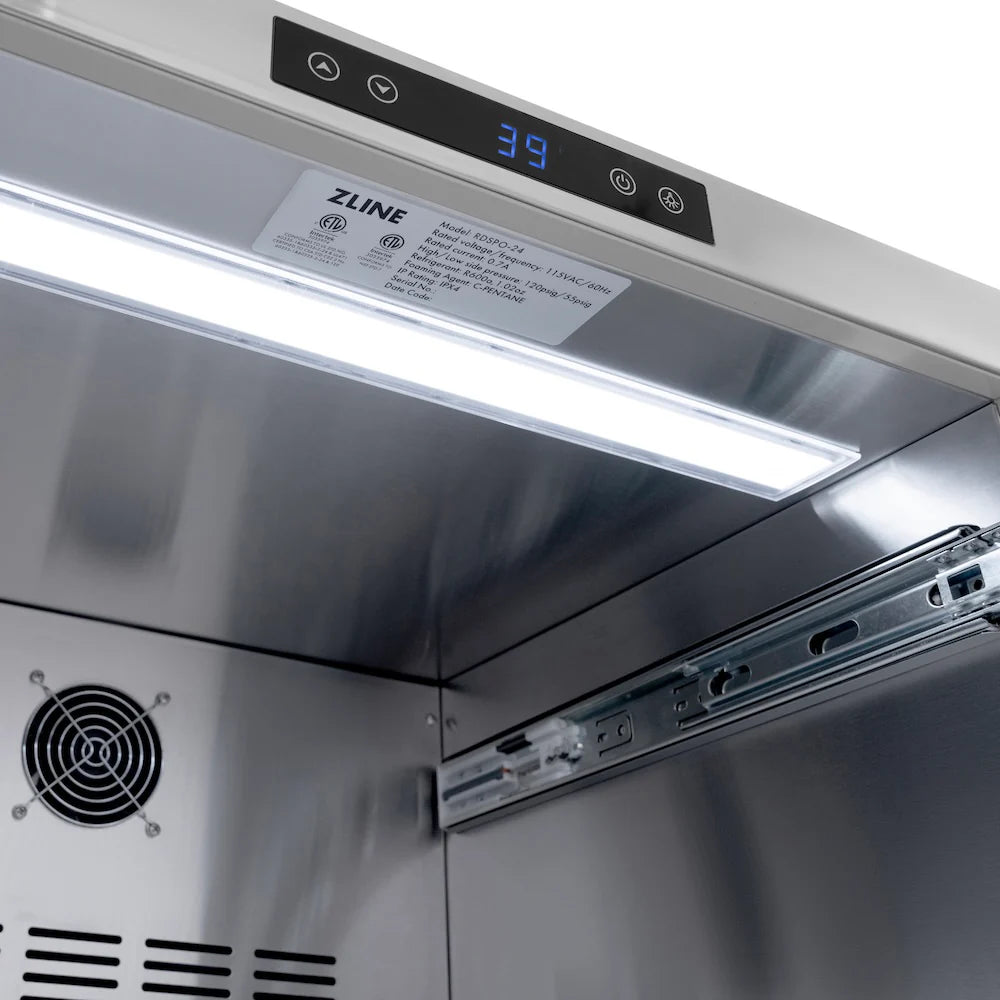 Stainless interior refrigerator drawer with black touch control panel and display
