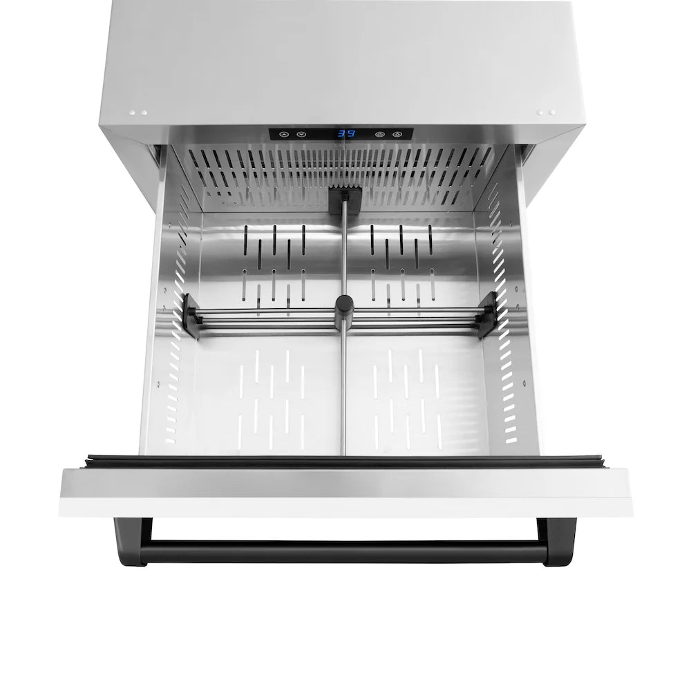 White refrigerator drawer with open compartment, interior racks, and black touch control