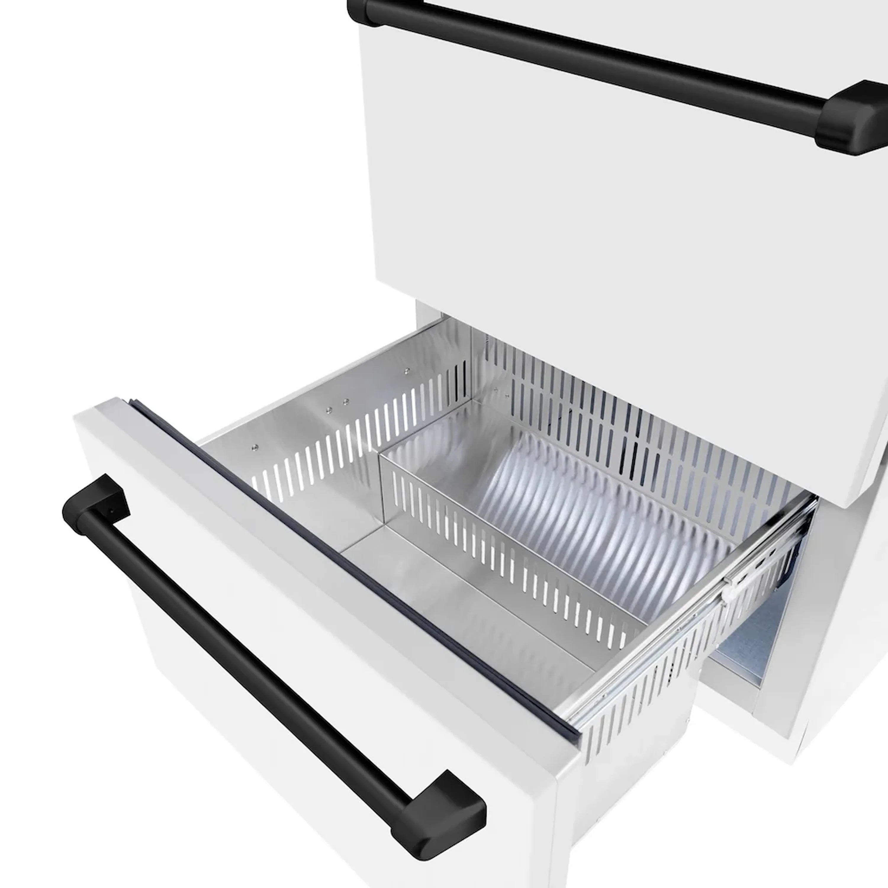 White refrigerator drawer open with matte black handle rails and stainless interior bin