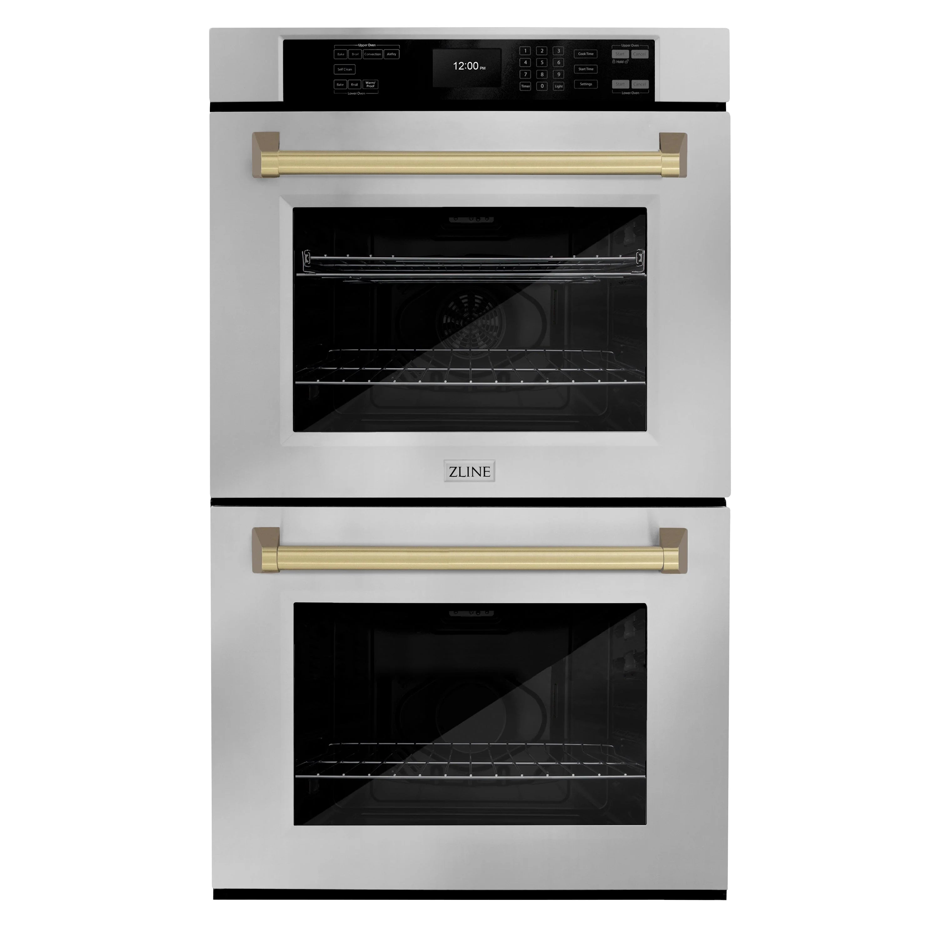 Stacked double wall oven with champagne bronze handle bars and black glass doors