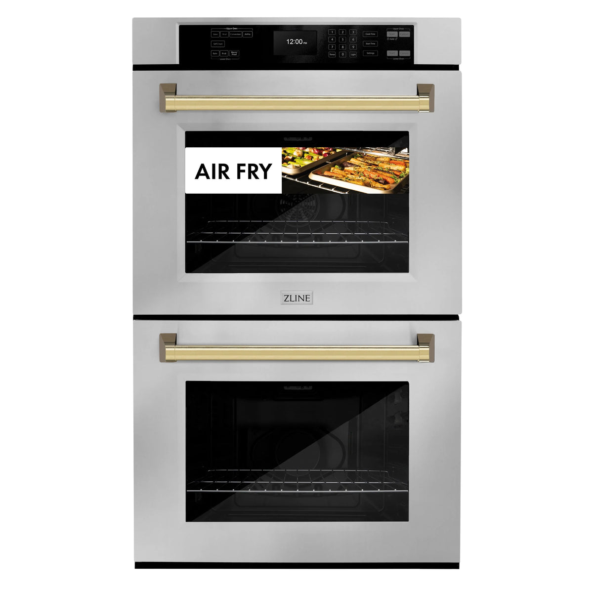 Stainless double wall oven with polished gold handles and Air Fry door window