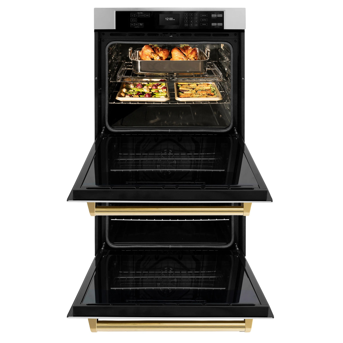 Stainless double wall oven with polished gold handles, interior cooking with trays