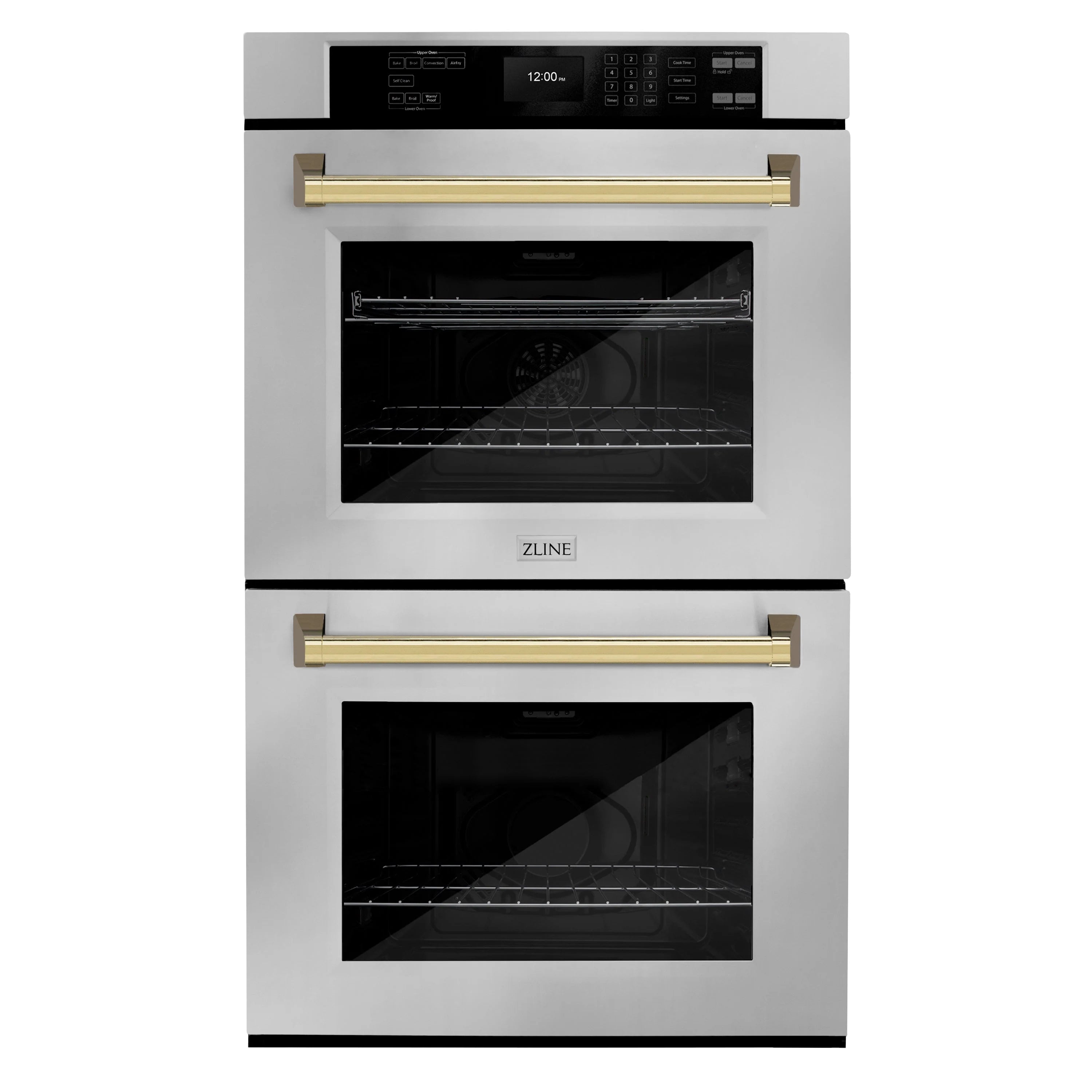Stainless double wall oven front view with digital display and polished gold handles
