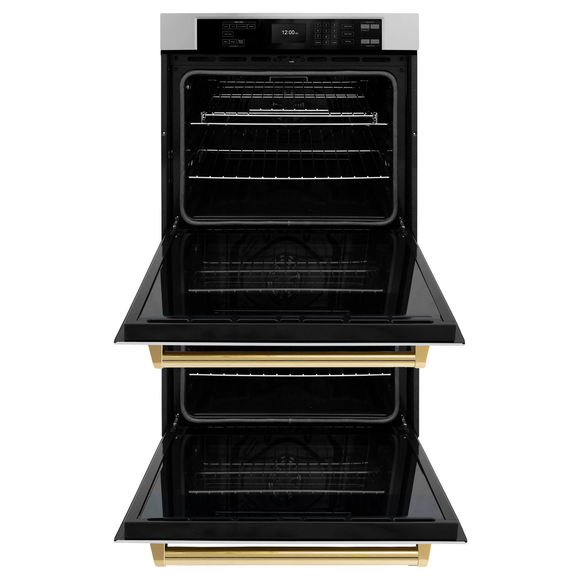 Double wall oven with open glass doors, wire racks, and polished gold handle
