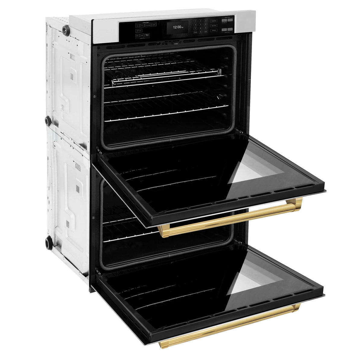 Stainless double wall oven with open doors, pull-out racks, and polished gold handles