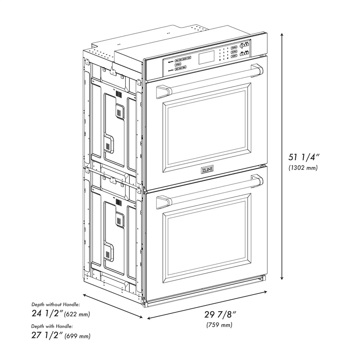Stainless double wall oven, side view with handle and door dimensions