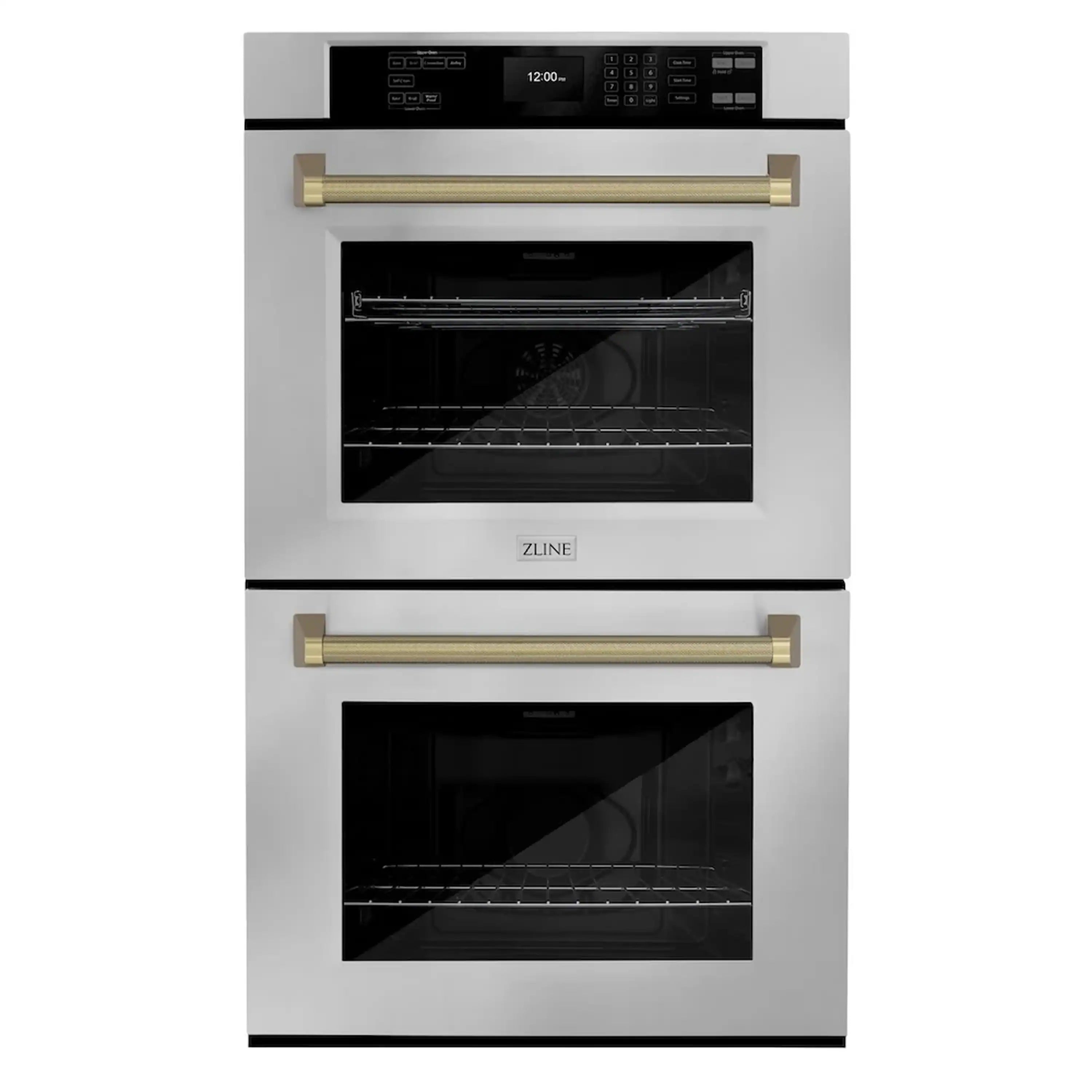 Double wall stainless oven with bronze helix handles and two oven doors