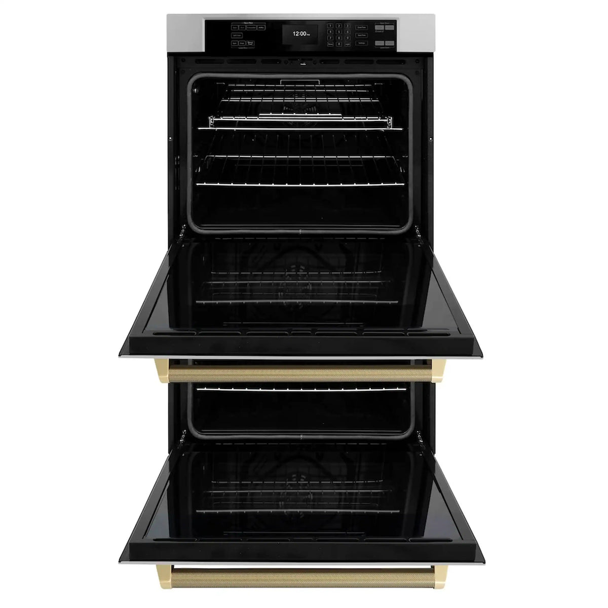 Double wall oven doors open with wire racks and glass oven window