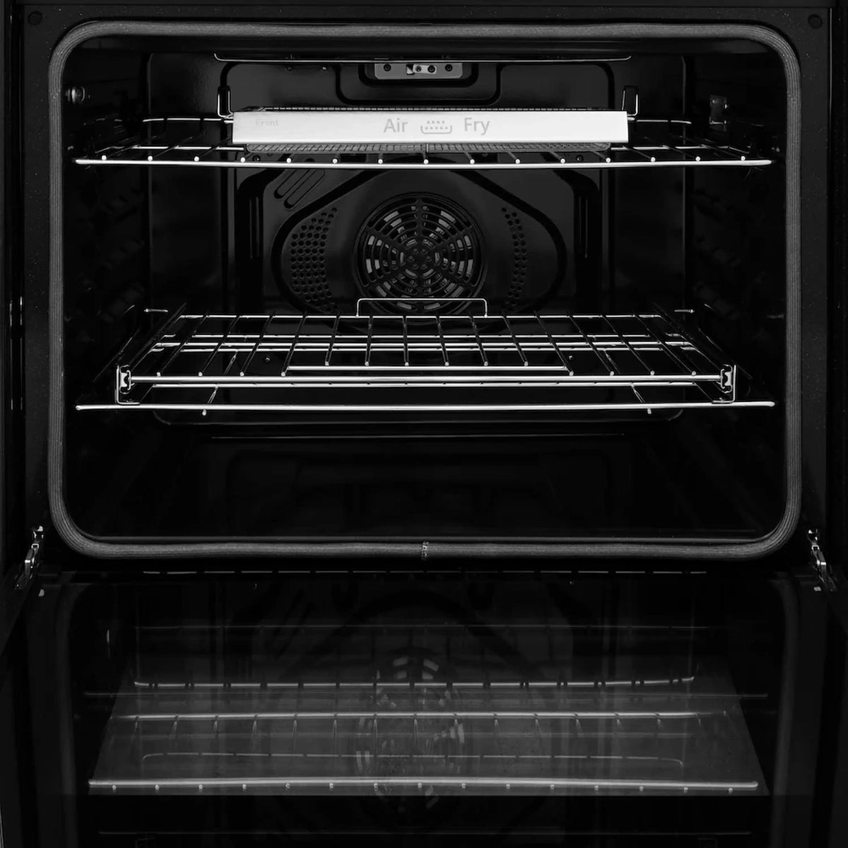 Open double wall oven showing upper rack and Air Fry divider