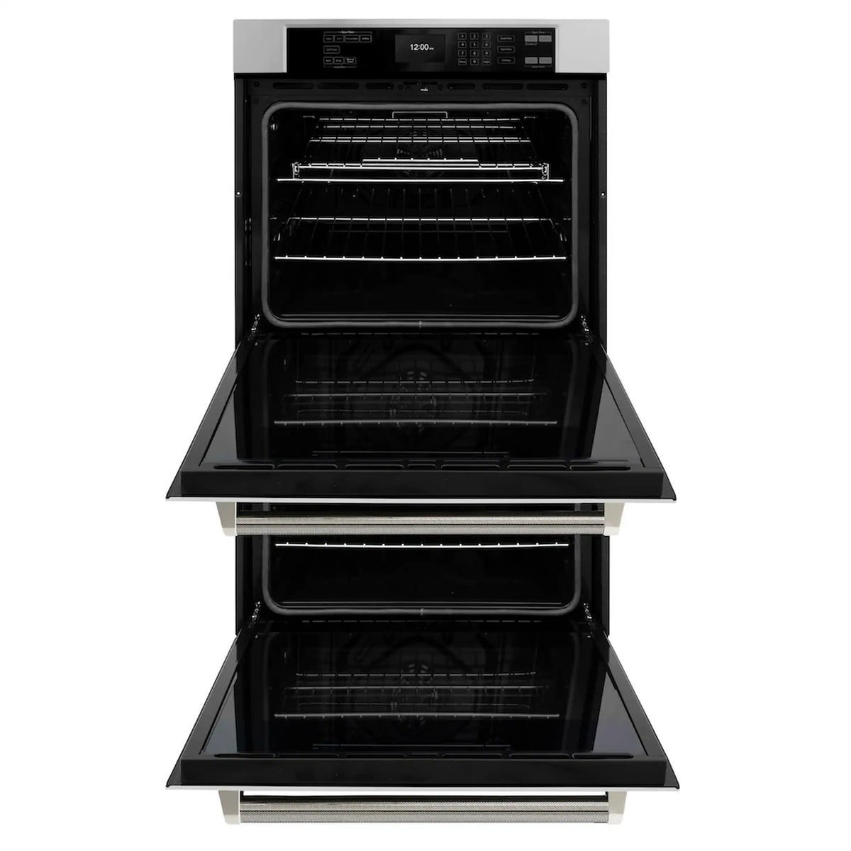 Double wall oven with both doors open and top and bottom racks visible