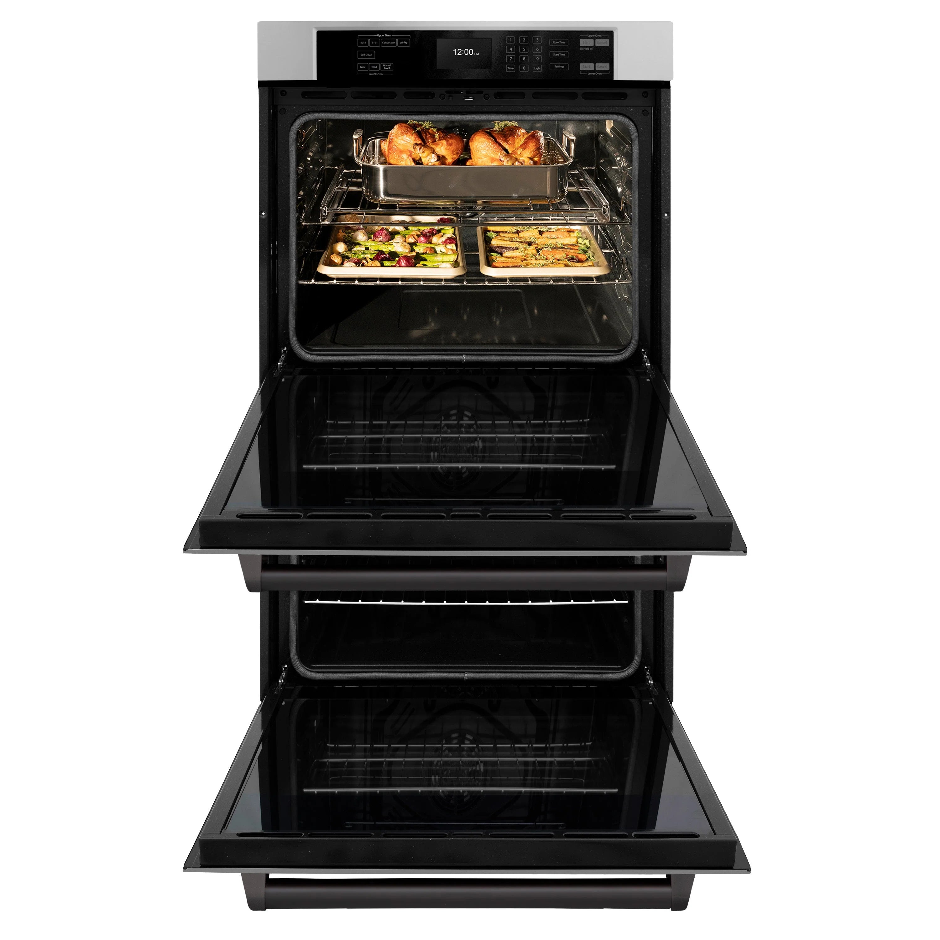 Double wall oven with both doors open and food trays baking in each oven cavity