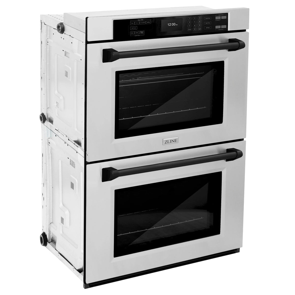 Stainless double wall oven with two glass doors and matte black bar handles