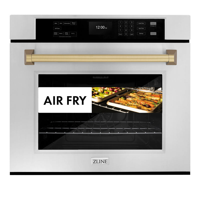 ZLINE Autograph Edition 2-Piece Appliance Package - 30-Inch Single Wall Oven with Self-Clean and 30-inch Built-In Microwave Oven in Stainless Steel with Champagne Bronze Trim