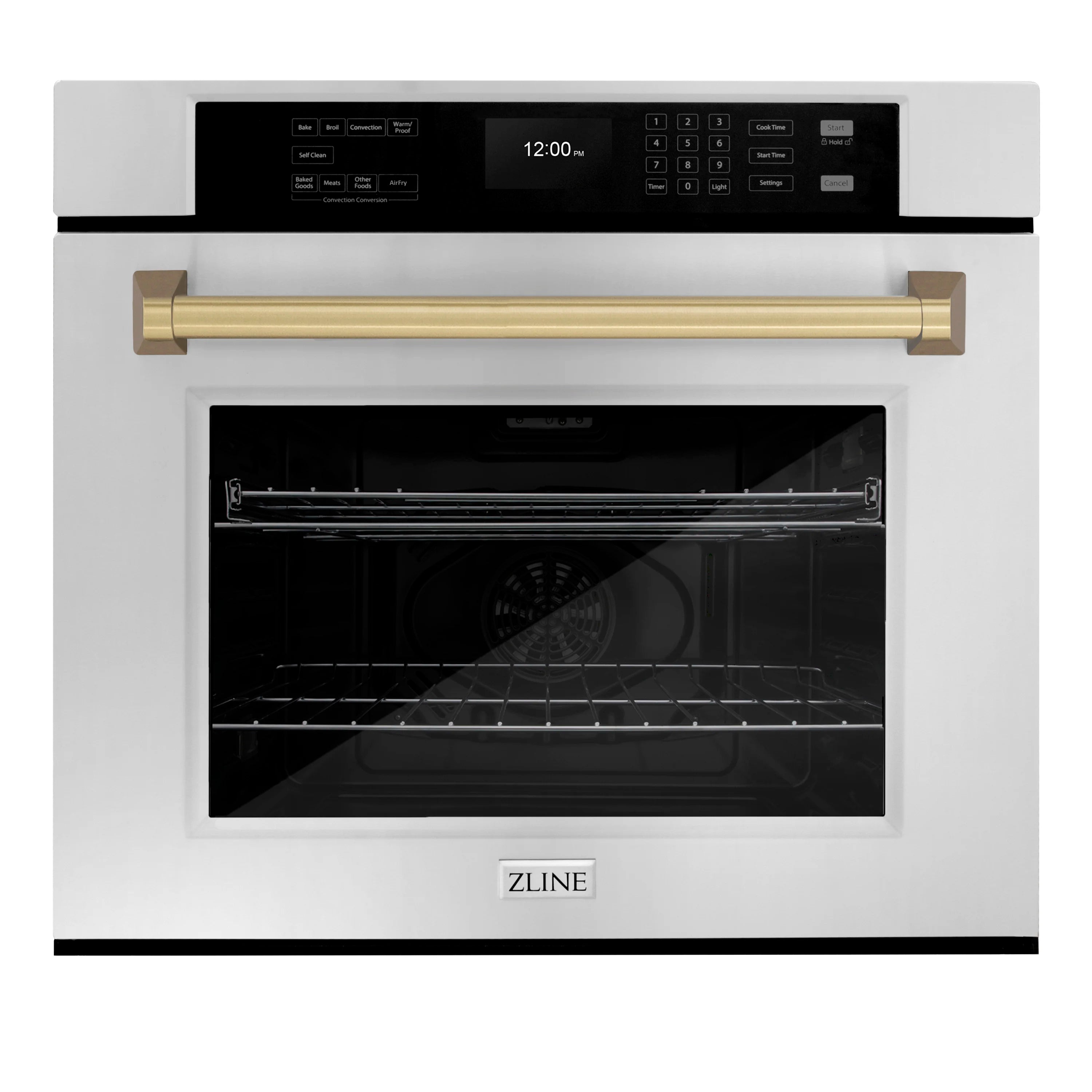 Stainless steel wall oven front with champagne bronze handle and ZLINE logo
