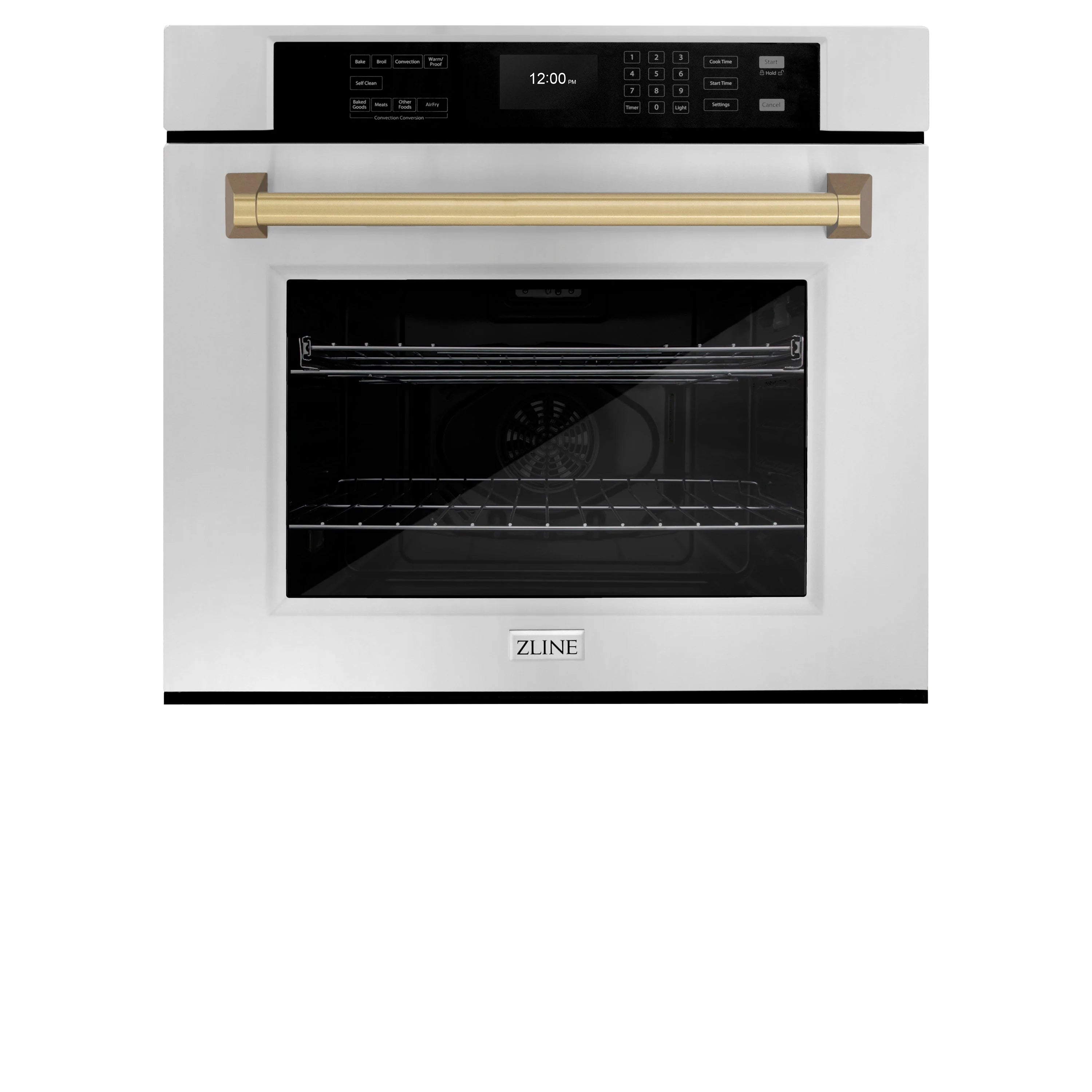 Built-in stainless steel wall oven with black door window and champagne-bronze handle