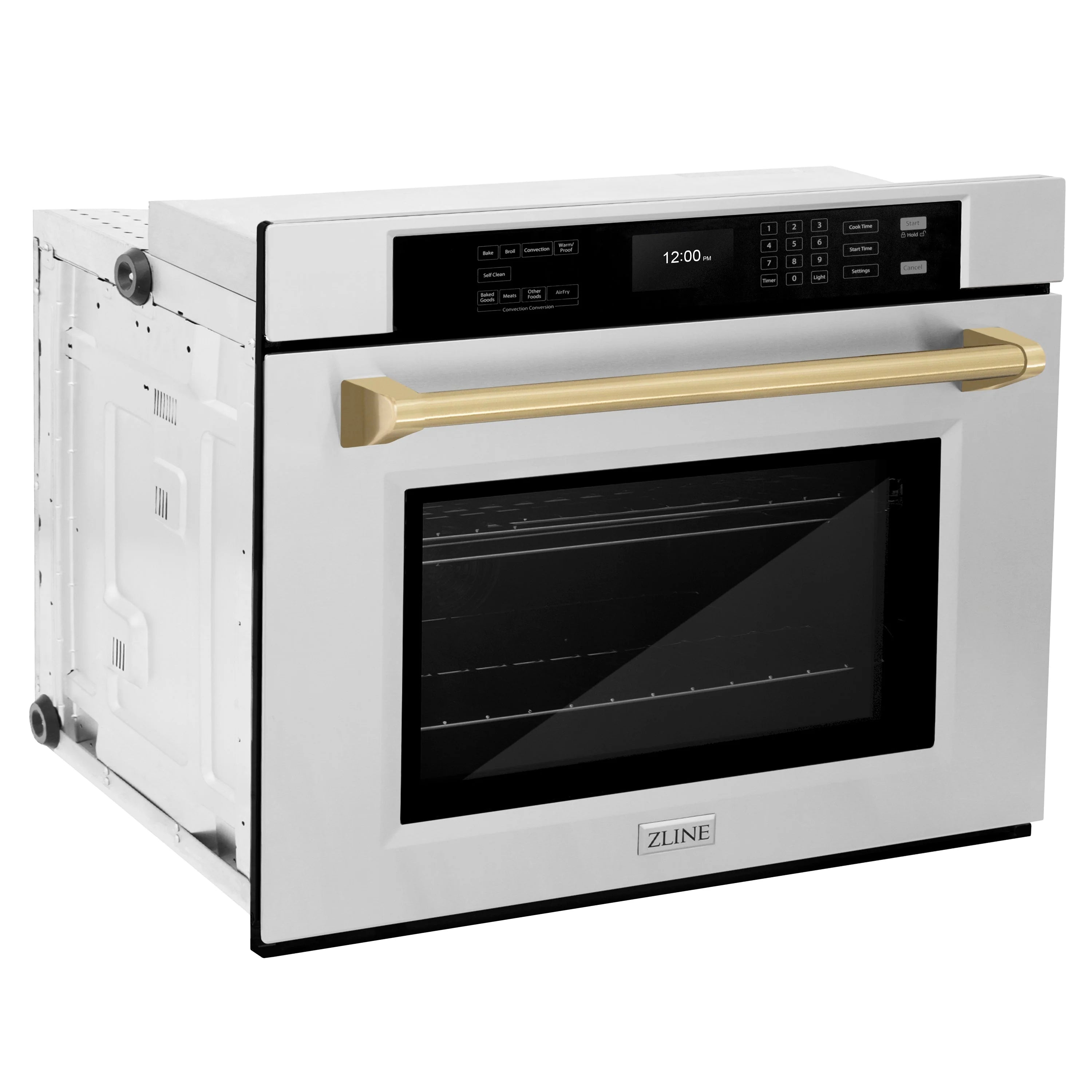 Stainless steel single wall oven with control panel, bronze handle, and dark viewing window