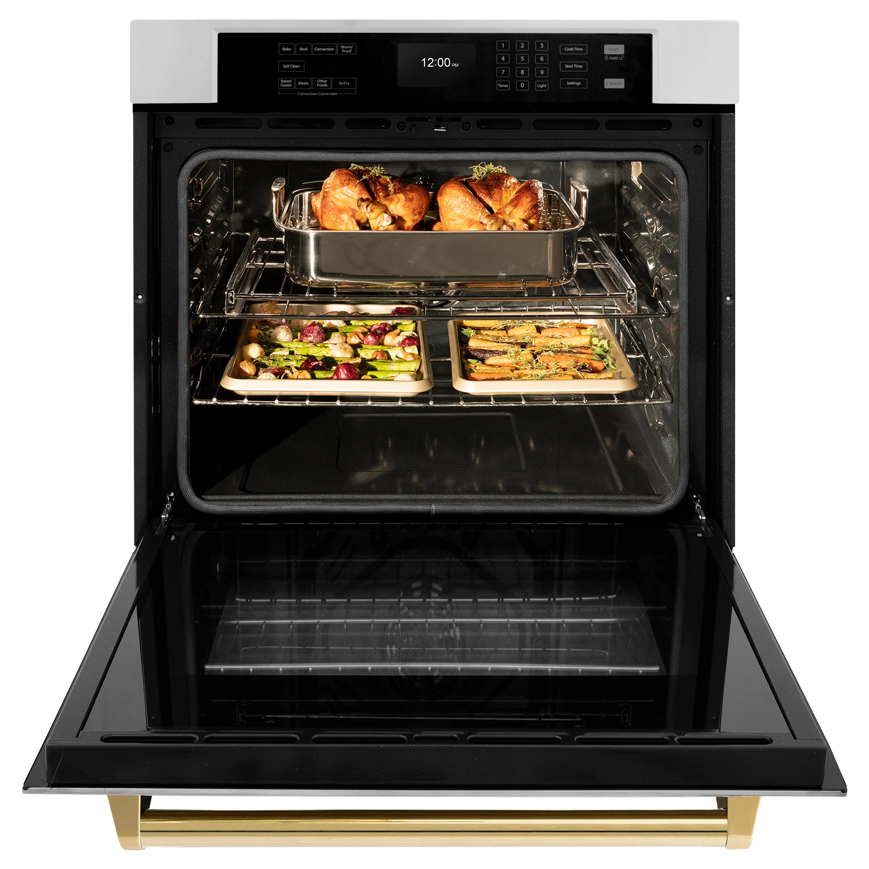 Stainless steel oven door open with roasted chicken and two food trays on racks