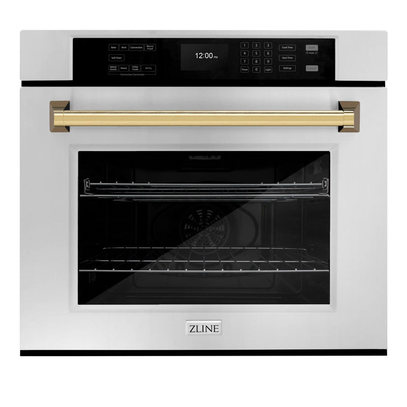 ZLINE Autograph Edition 30-Inch Professional True Convection Single Wall Oven with Air Fry and Self Clean in Stainless Steel with Polished Gold Handle (WASZ-30-G)