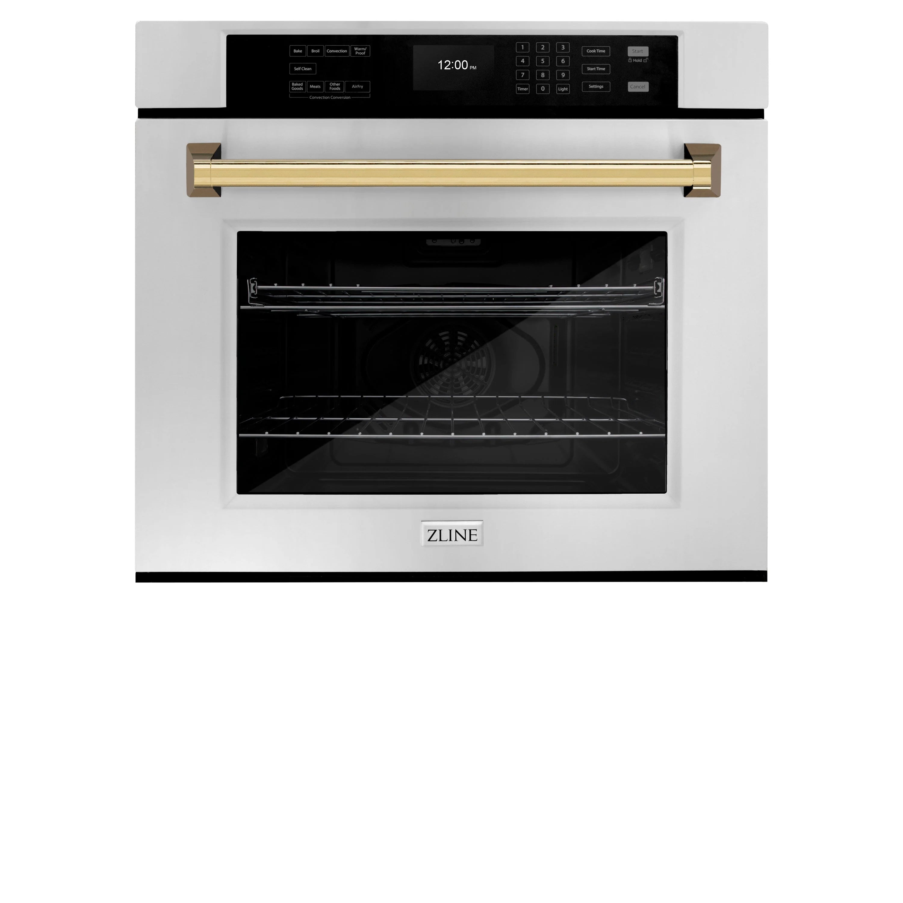 Built-in 30-inch wall oven, open door with visible racks, gold handle bar trim, stainless steel