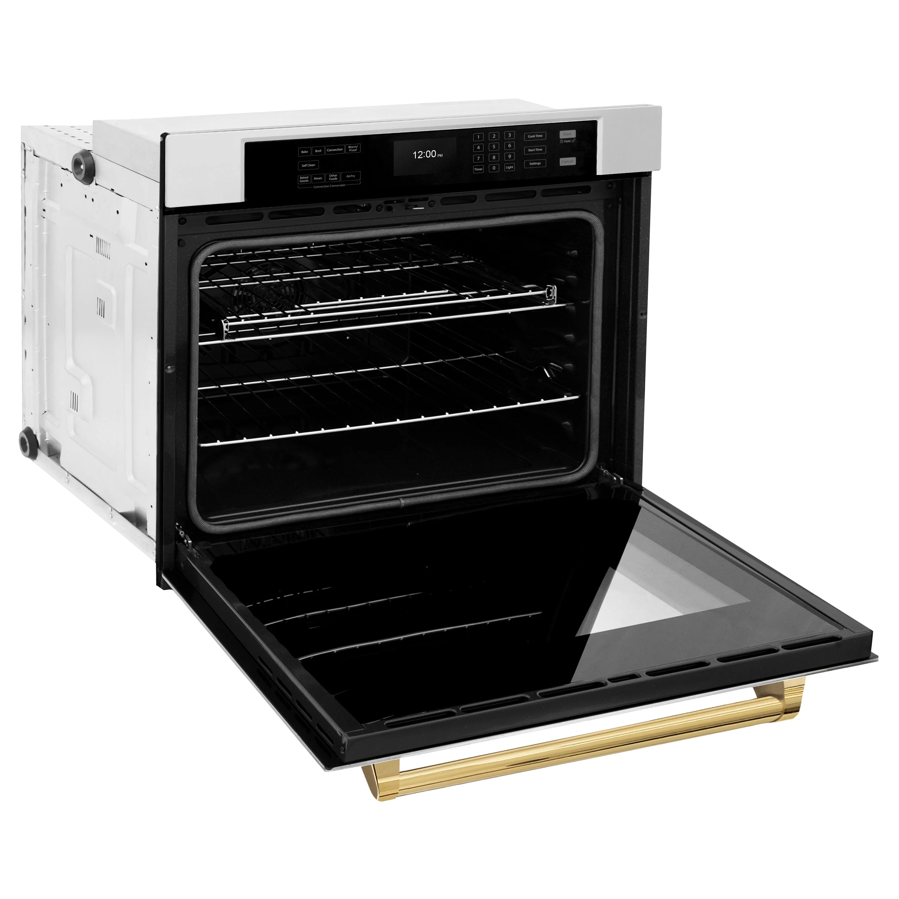 30-inch built-in wall oven, open door, black interior racks, gold handle trim, stainless steel