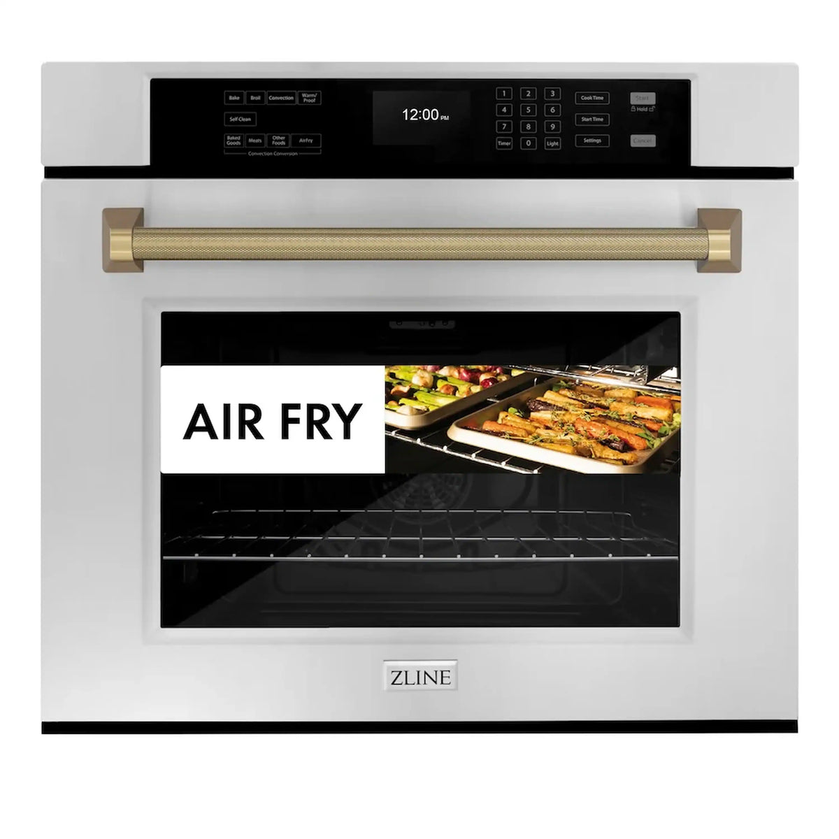 ZLINE oven front showing Air Fry mode with cooking trays and black glass door