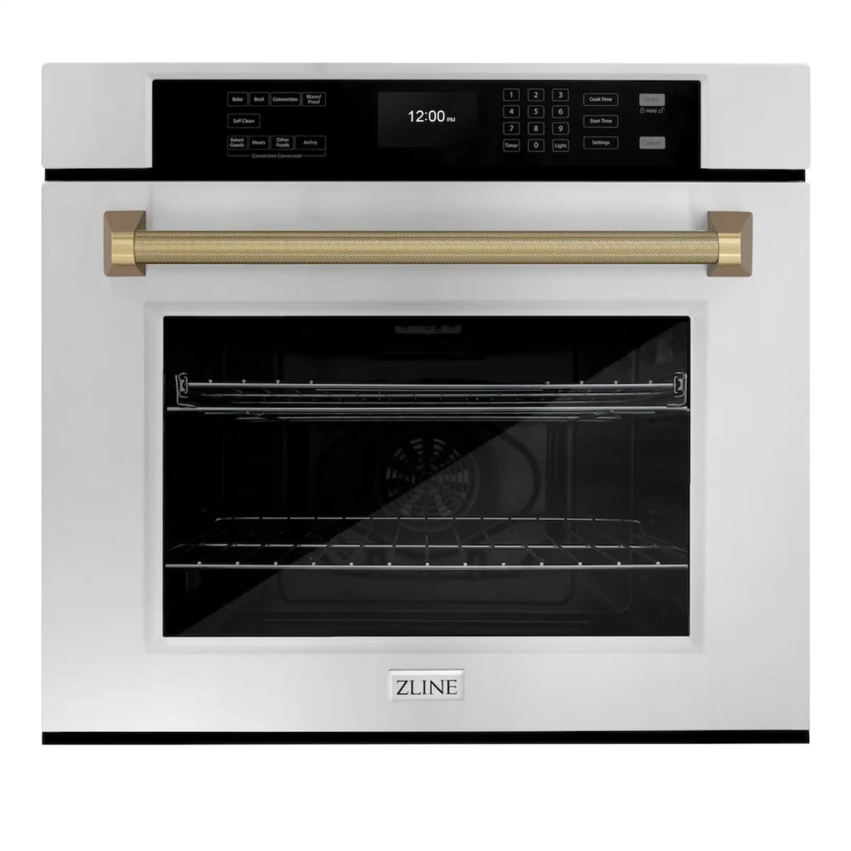 Stainless steel single wall oven with bronze handle and digital control panel