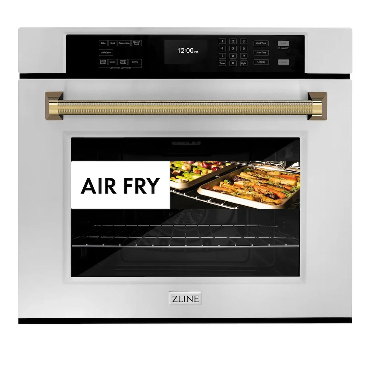Single wall oven with stainless steel body and gold helix handle, door open