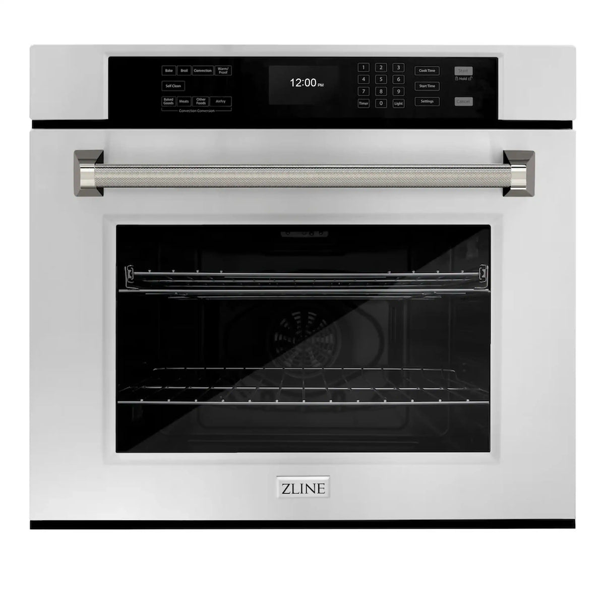 Single wall oven with open door and visible wire racks