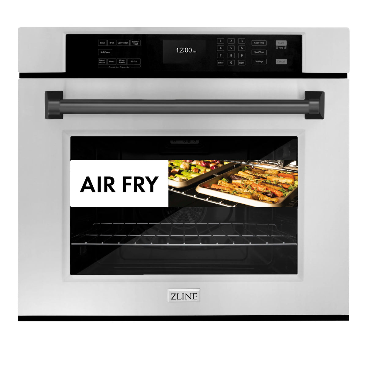 Stainless steel convection oven with matte black handle, door open showing AIR FRY mode