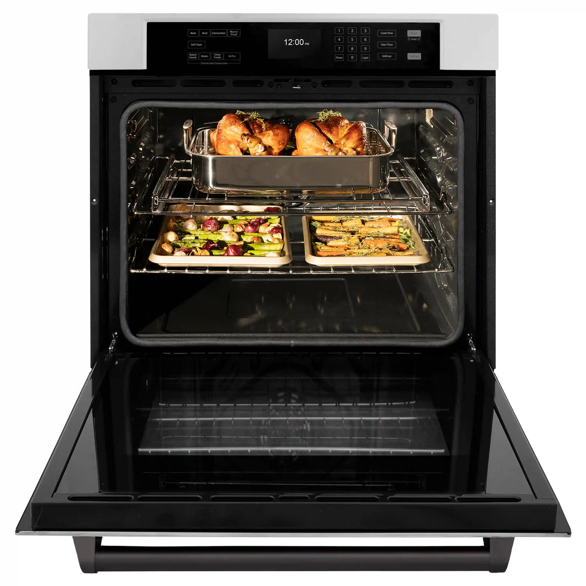 Convection oven with roast chicken on upper rack and two trays of baked sides inside