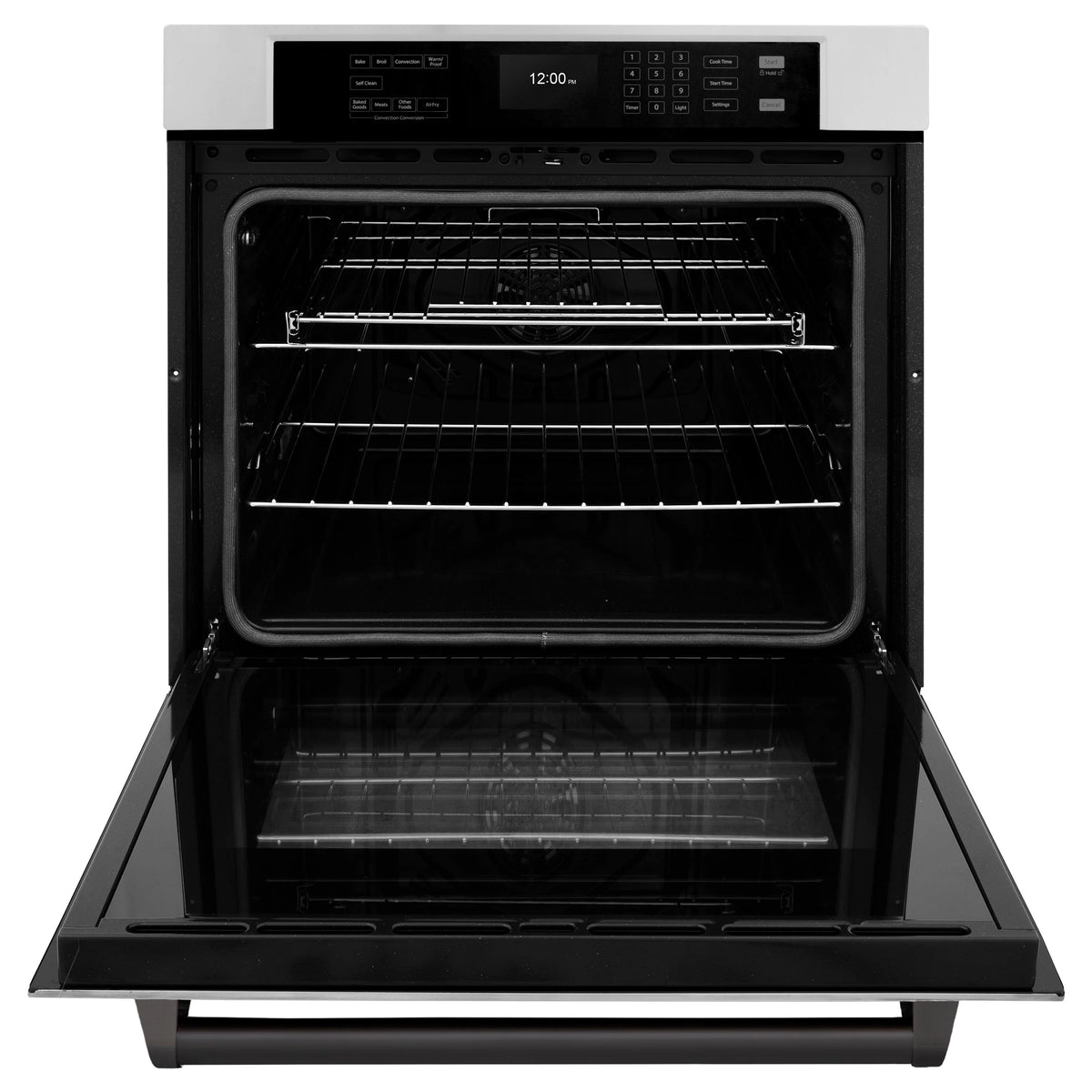 Stainless steel single wall oven interior with racks and dark glass door