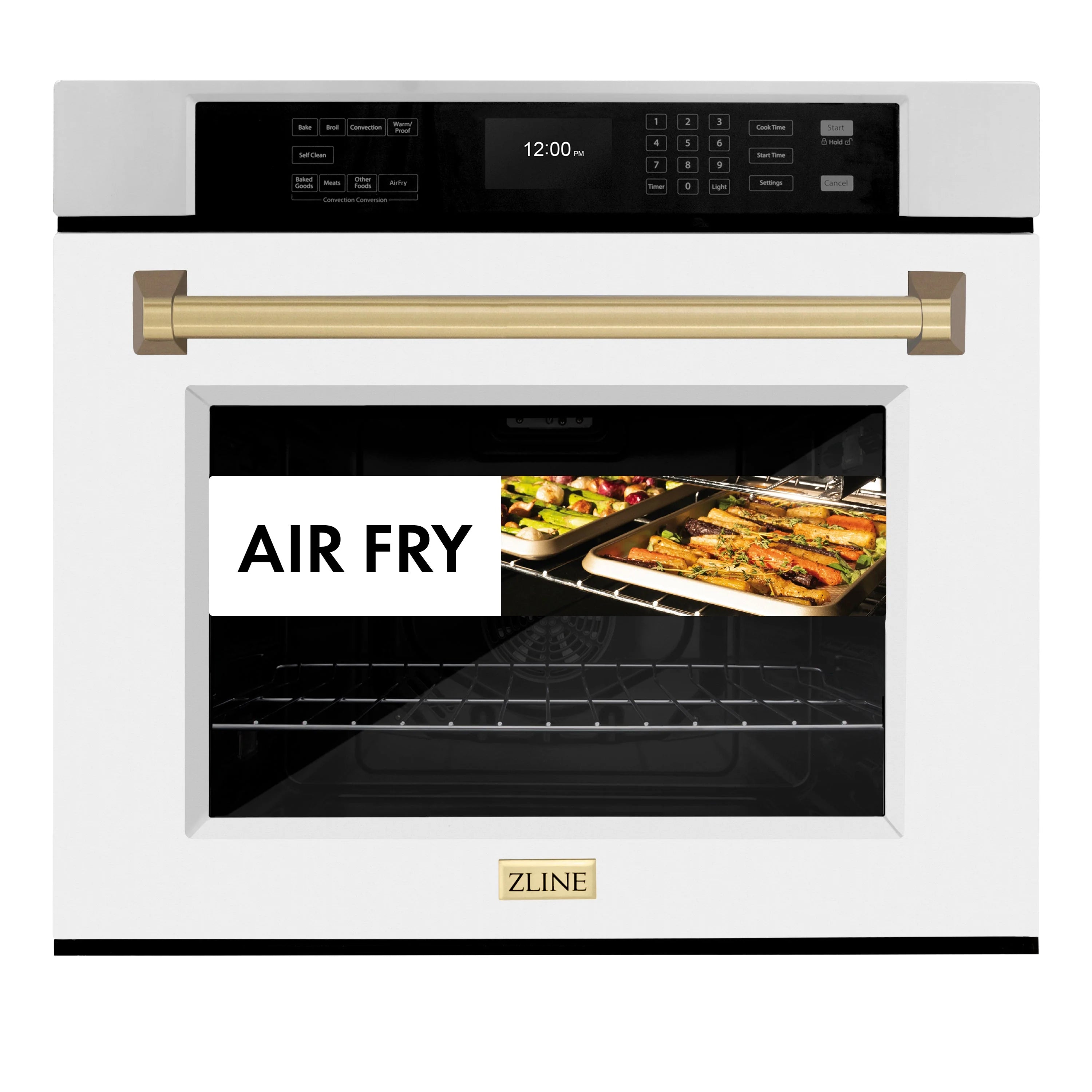 Built-in single wall oven door open, Air Fry feature and baking tray inside