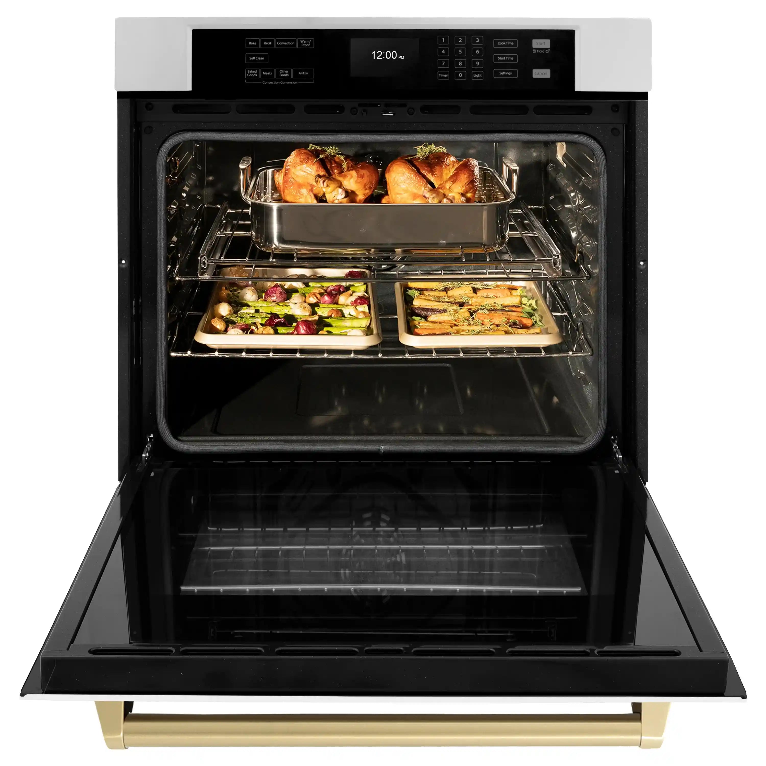 Stainless steel wall oven with door open, wire racks and two trays of food inside