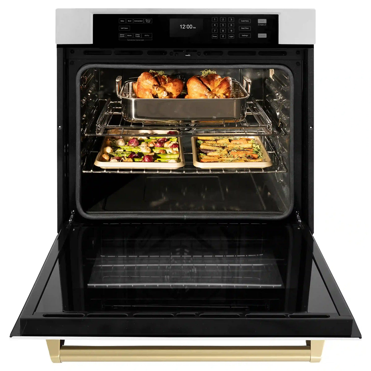 Single-wall oven with door open; roast chicken and two tray bake pans inside