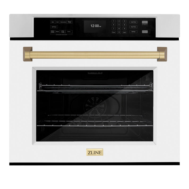 ZLINE 30-Inch Autograph Edition Professional True Convection Single Wall Oven with Air Fry and Self Clean in Stainless Steel with White Matte Door and Champagne Bronze Handle (WASZ-WM-30-CB)